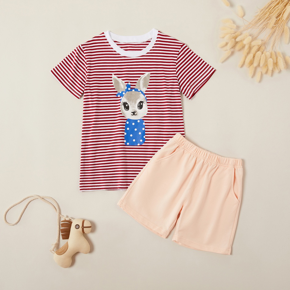 Stylish Rabbit Print Striped Tee and Solid Shorts Sets